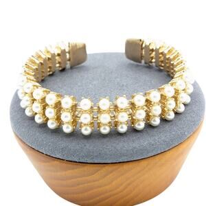 Vintage Gold Tone Three Row Faux Pearl Cuff Bracelet